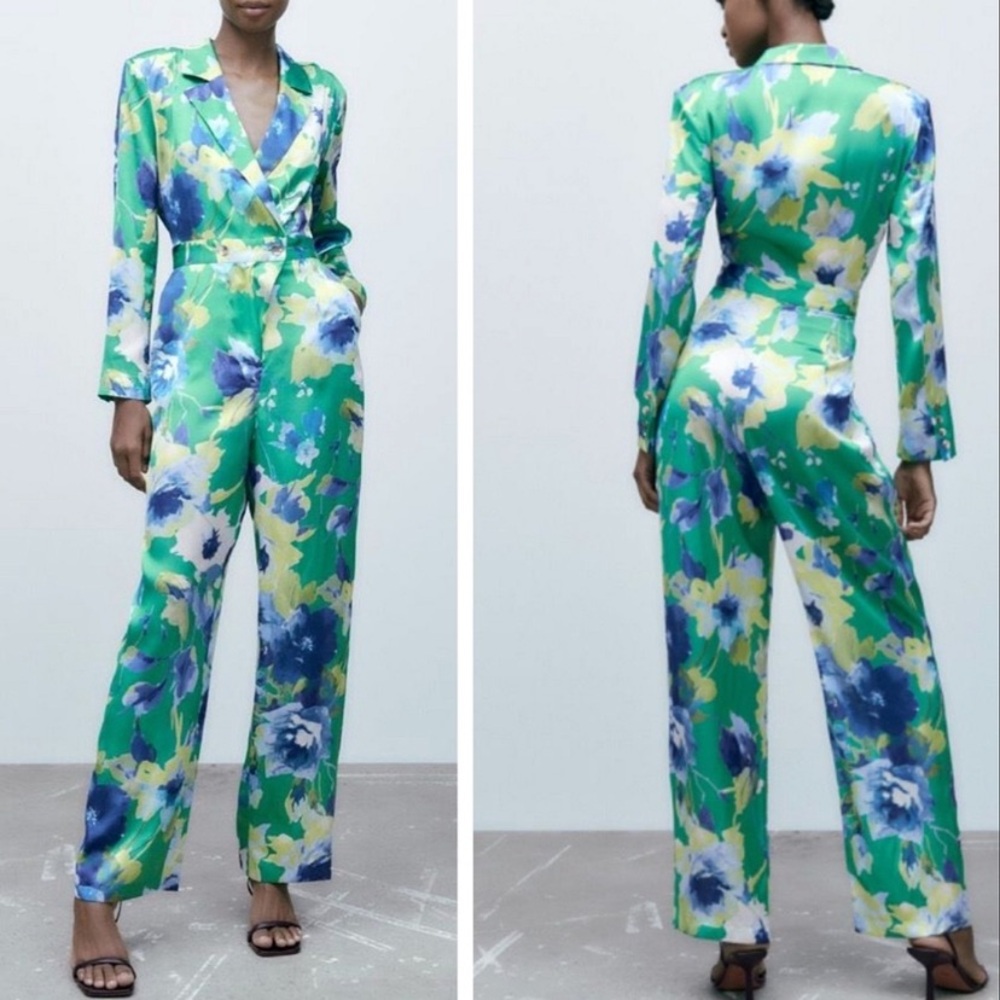 🦜 ZARA GREEN BLUE YELLOW FLORAL SATIN WIDE LEG LONG SLEEVE JUMPSUIT! - Picture 15 of 16